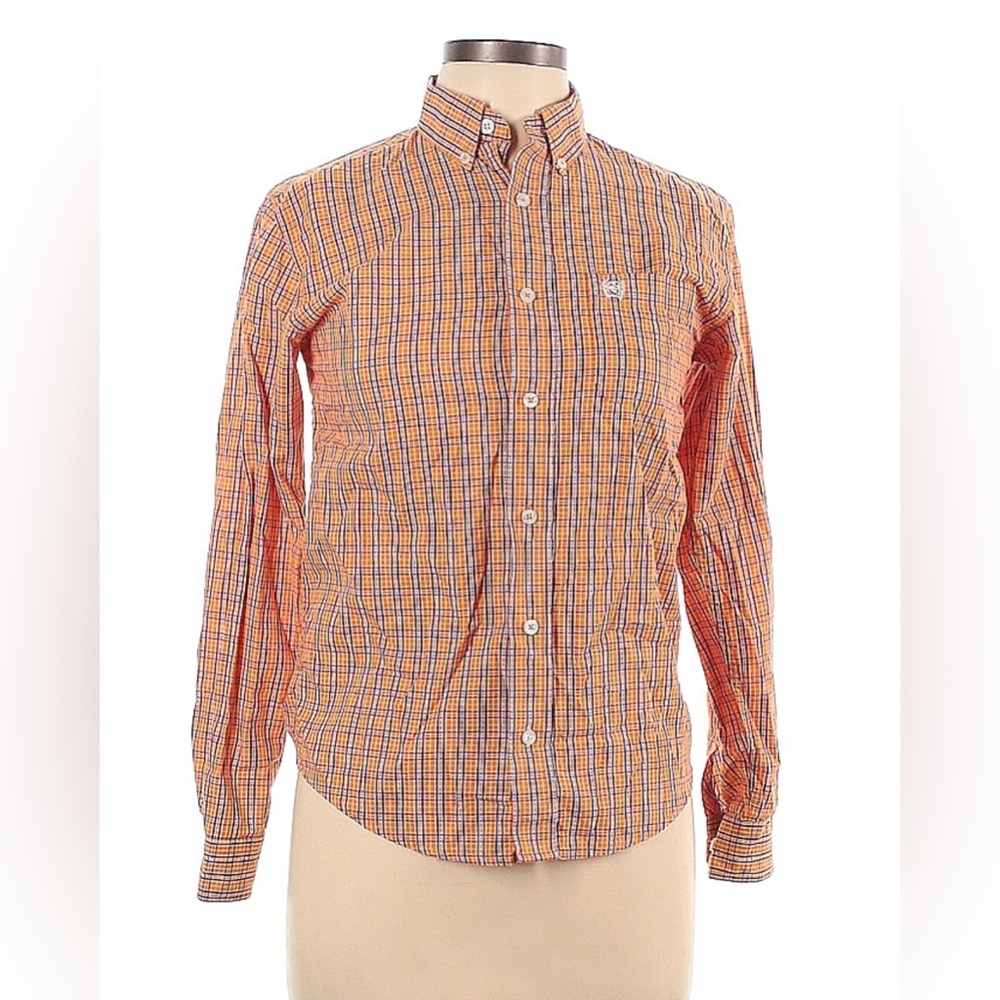 Cinch Women’s Orange Plaid Button Down Shirt - Boys Large